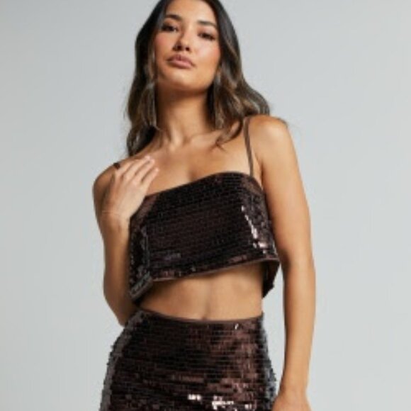Showpo Barlyn Crop Top & Skirt - Chocolate Brown - Picture 1 of 3